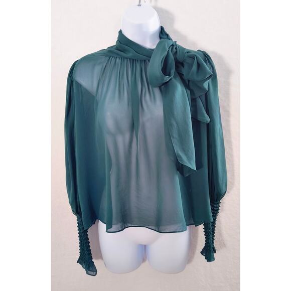 Ulla Johnson Lesli Silk Chiffon Blouse Women's Sz 6 Green Sheer Puff Sleeve Bow - Picture 3 of 14